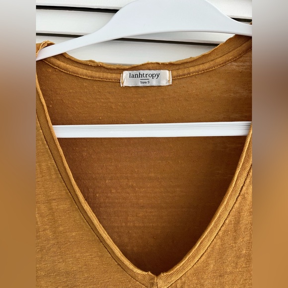 Lanthropy 100% Linen Tshirt Distressed Collar Mustard sz S - Picture 3 of 6